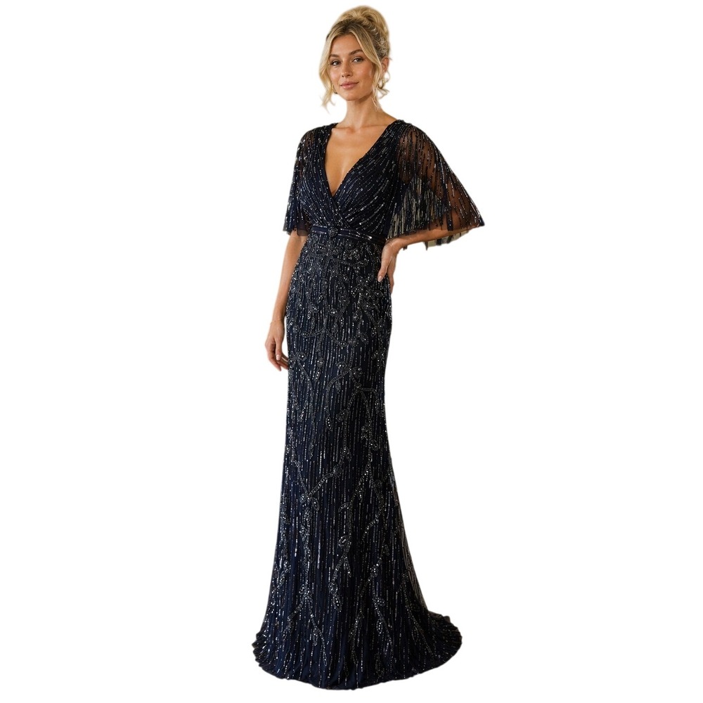 Mac‎ Duggal Beaded Gown Navy Art Deco Cape Sleeve Black Tie Formal Dress Size 4
